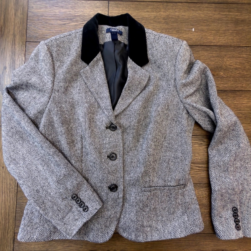 Chaps Womens Black White Herringbone Wool Blend Blazer Velvet Collar Size 14